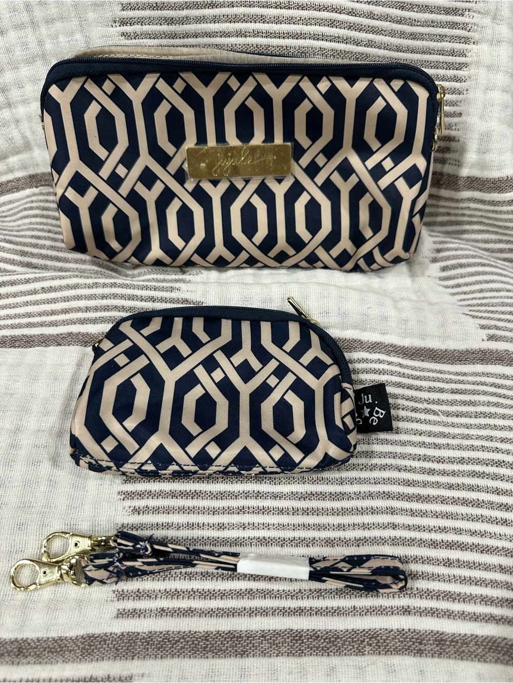 Ju-Ju-Be Navy and Beige Geometric Cosmetic Pouch Set with Wristlet